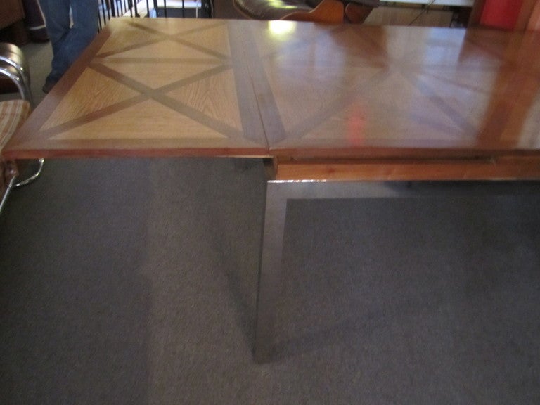 Custom Oak Parkay Top Dining Table on Chrome Support 1